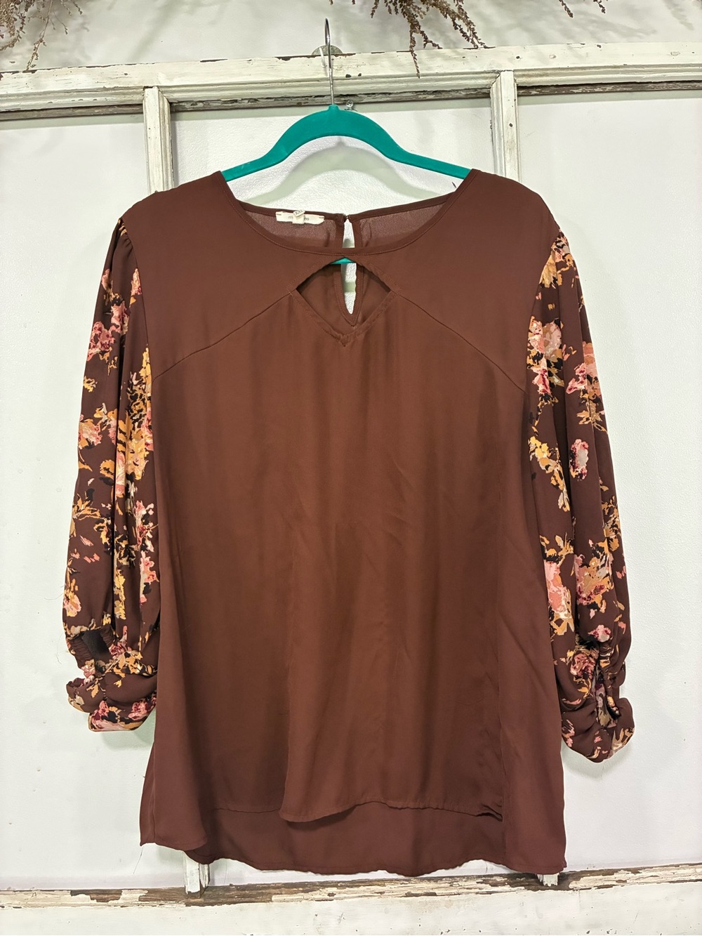 Maurices Brown Blouse with Floral Puff Sleeves